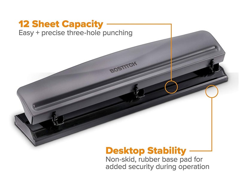 Bostitch Office Premium 3 Hole Punch, 12 Sheet Capacity, Metal, Rubber Base, Easy-Clean Tray, Silver, Gray - Image 2